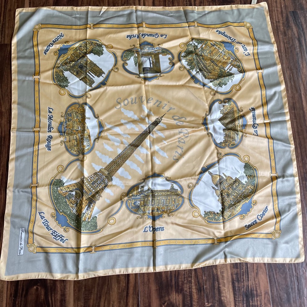 Souvenir de Paris Scarf Vintage Style Eiffel Tower Landmark Print Gold Grey 34in